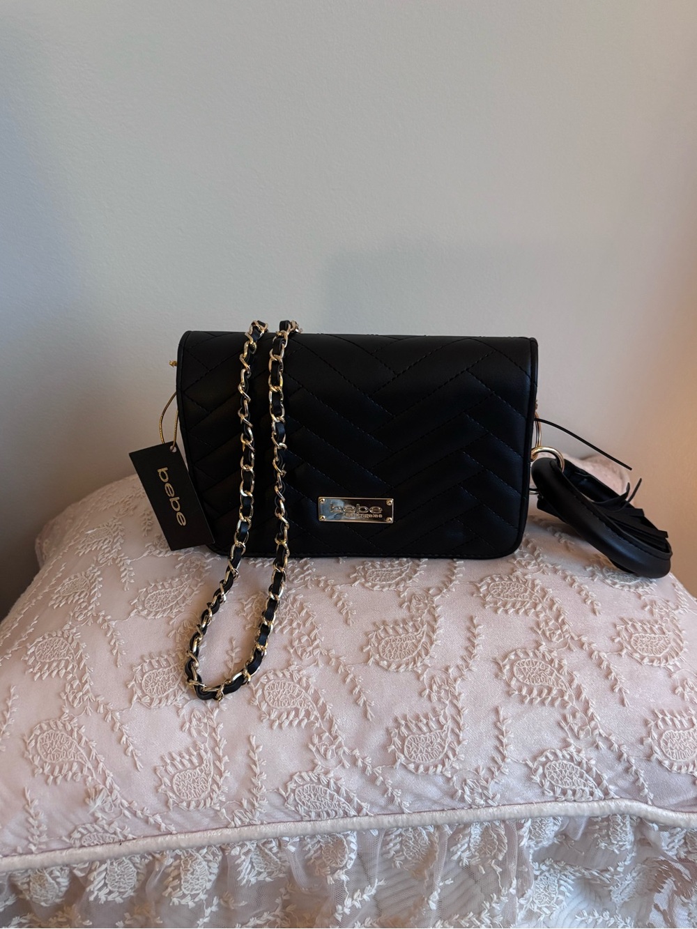 bebe Black Quilted Sophia Crossbody Purse